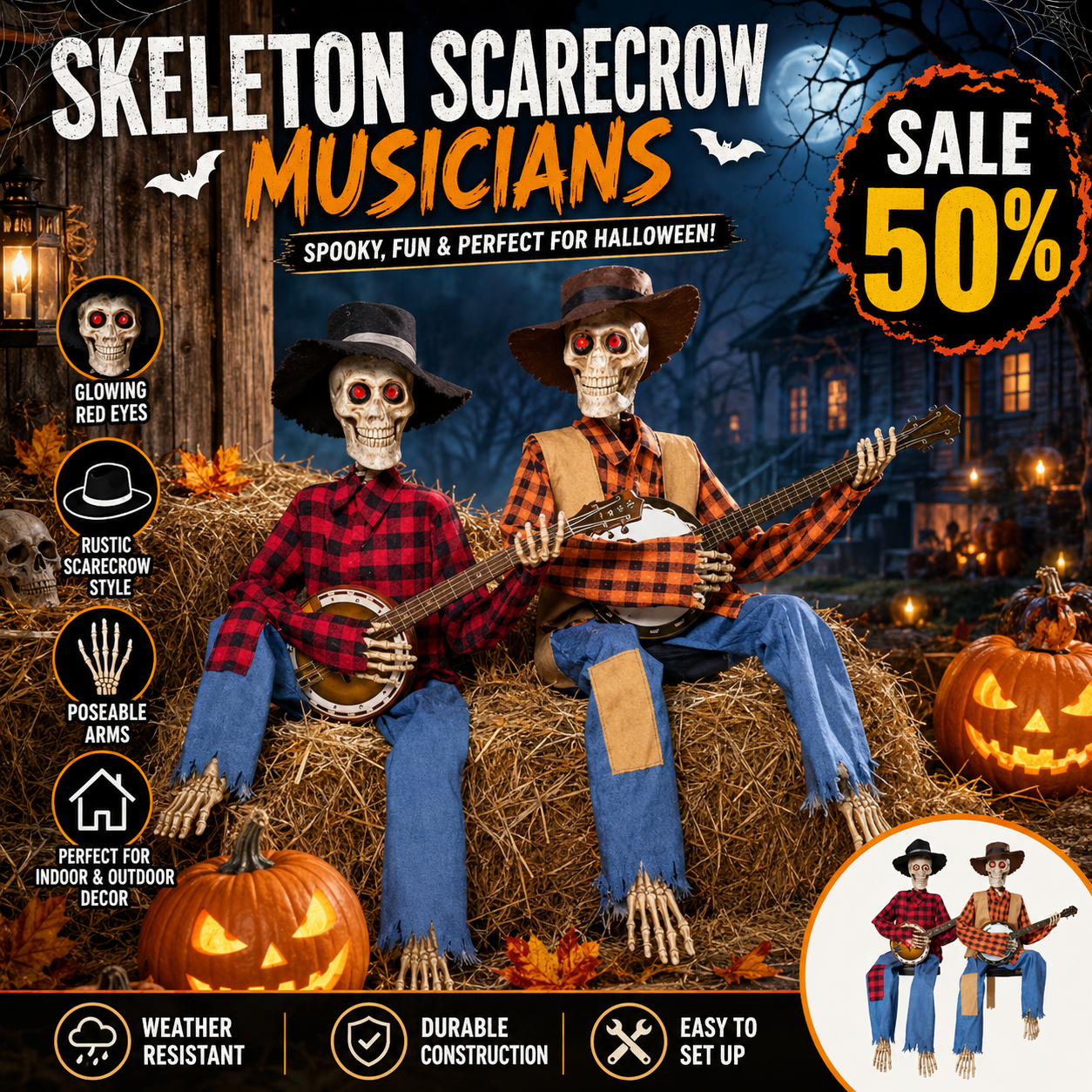 Animated Musical Banjo Skeleton Duo ( 40 Cm )